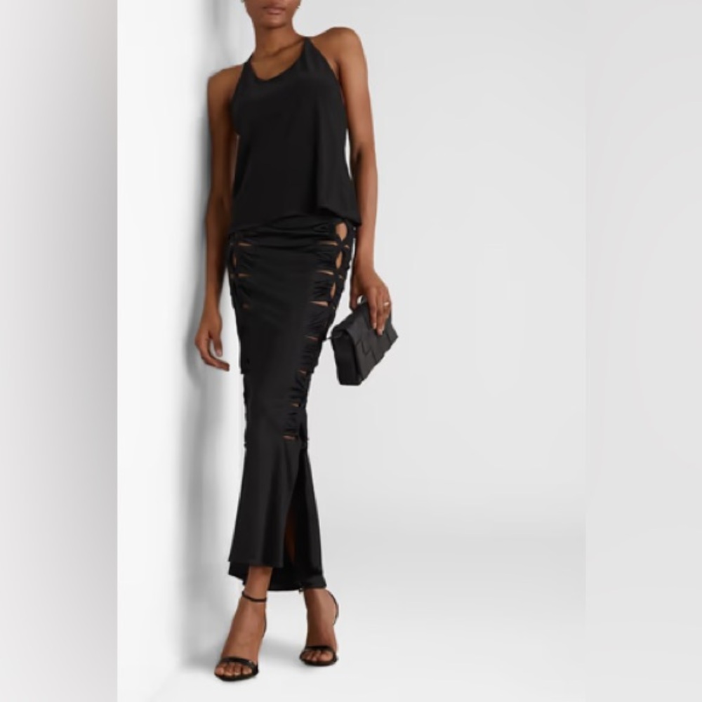 Vertebrae ruched cutout satin-jersey maxi skirt